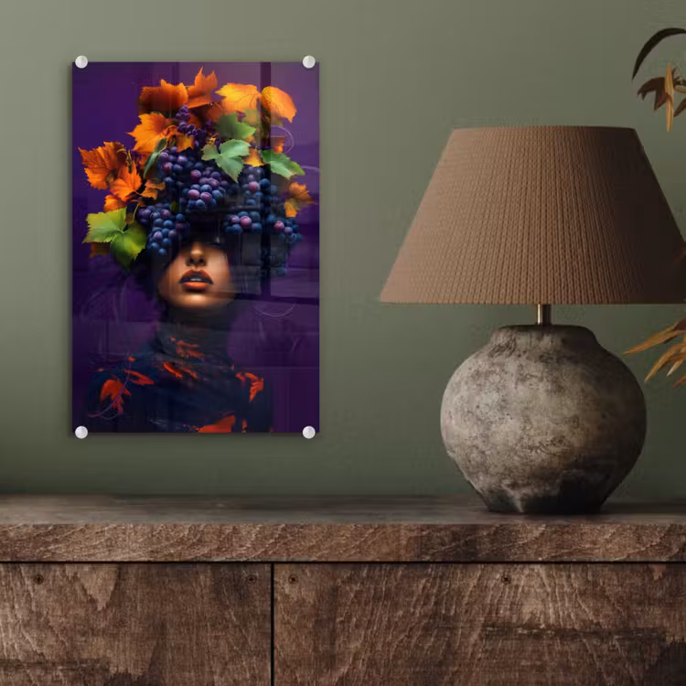Glas schilderij - Vrouw - Paars - Druiven — 4