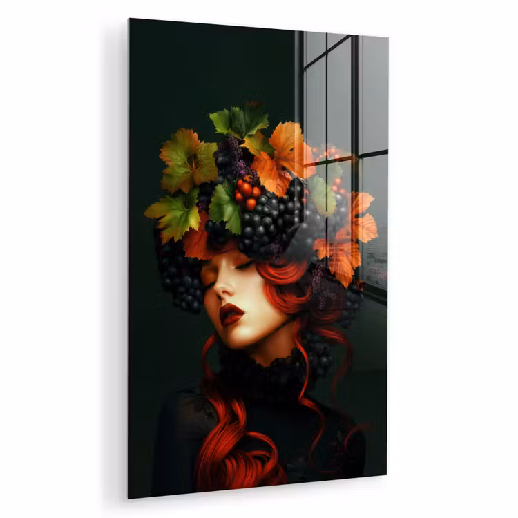 Glas schilderij - Vrouw - Rood - Groen - Druiven — 1