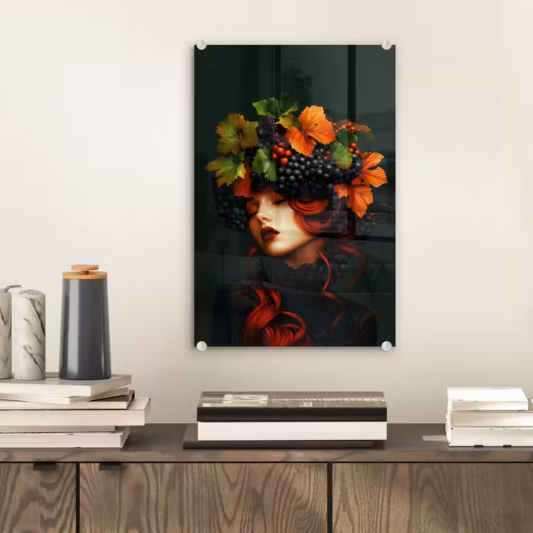 Glas schilderij - Vrouw - Rood - Groen - Druiven — 2