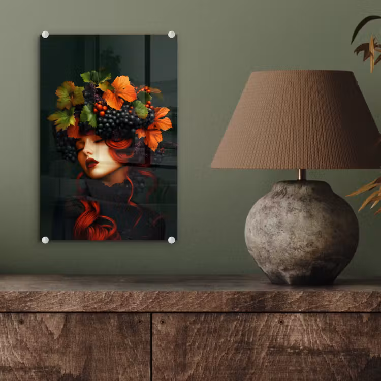 Glas schilderij - Vrouw - Rood - Groen - Druiven — 4