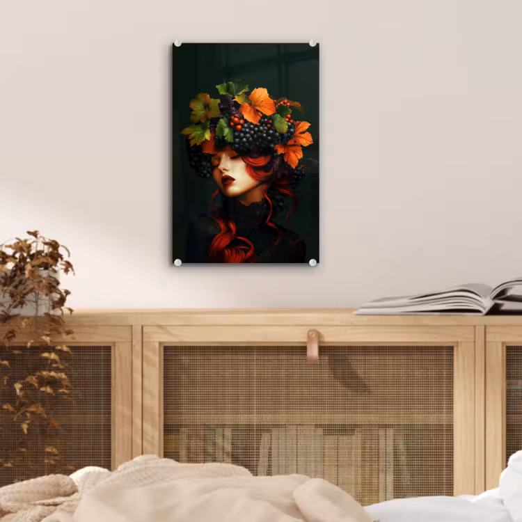 Glas schilderij - Vrouw - Rood - Groen - Druiven — 5