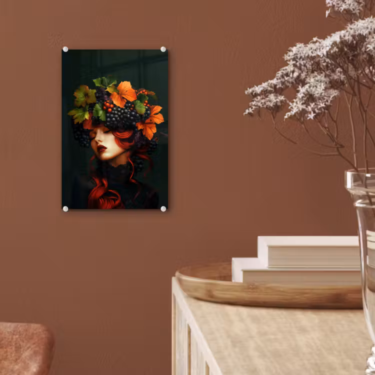 Glas schilderij - Vrouw - Rood - Groen - Druiven — 6