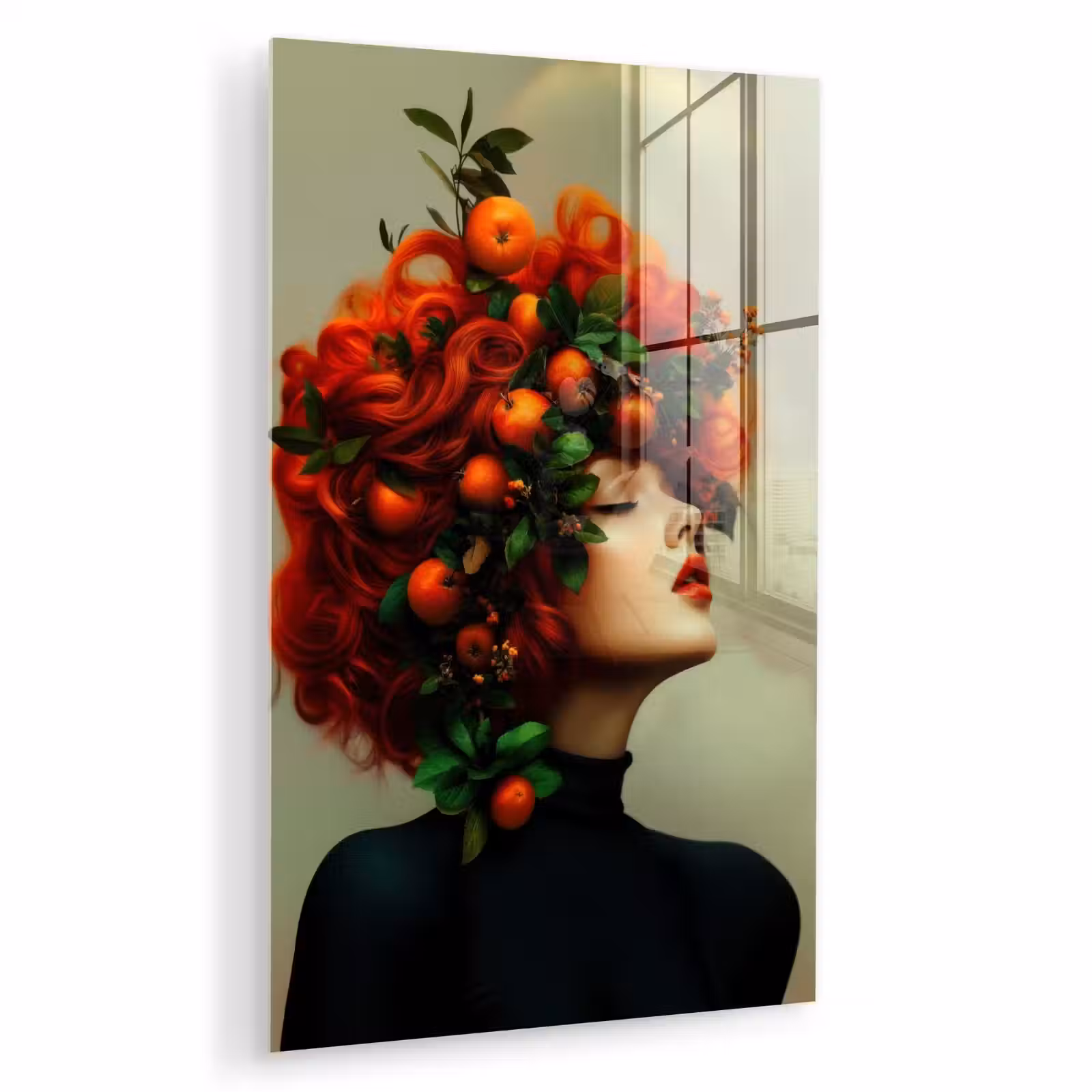 Glas schilderij - Vrouw - Appels - Rood - Bladeren — 1