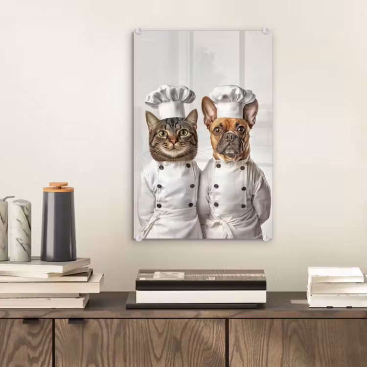 Glas schilderij - Kat - Hond - Kokskleding — 2