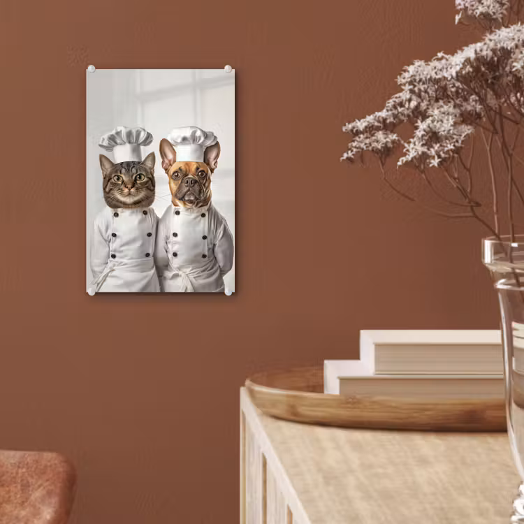 Glas schilderij - Kat - Hond - Kokskleding — 6