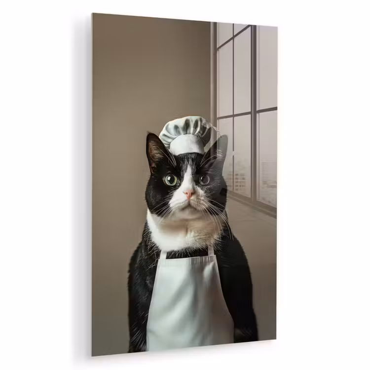 Glas schilderij - Kat - Kokskleding - Zwart - Wit — 1