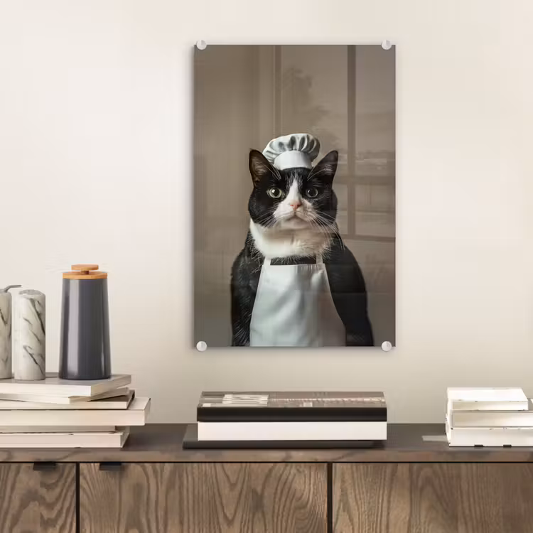 Glas schilderij - Kat - Kokskleding - Zwart - Wit — 2