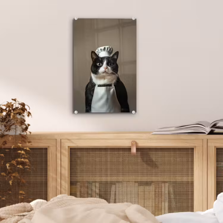 Glas schilderij - Kat - Kokskleding - Zwart - Wit — 5