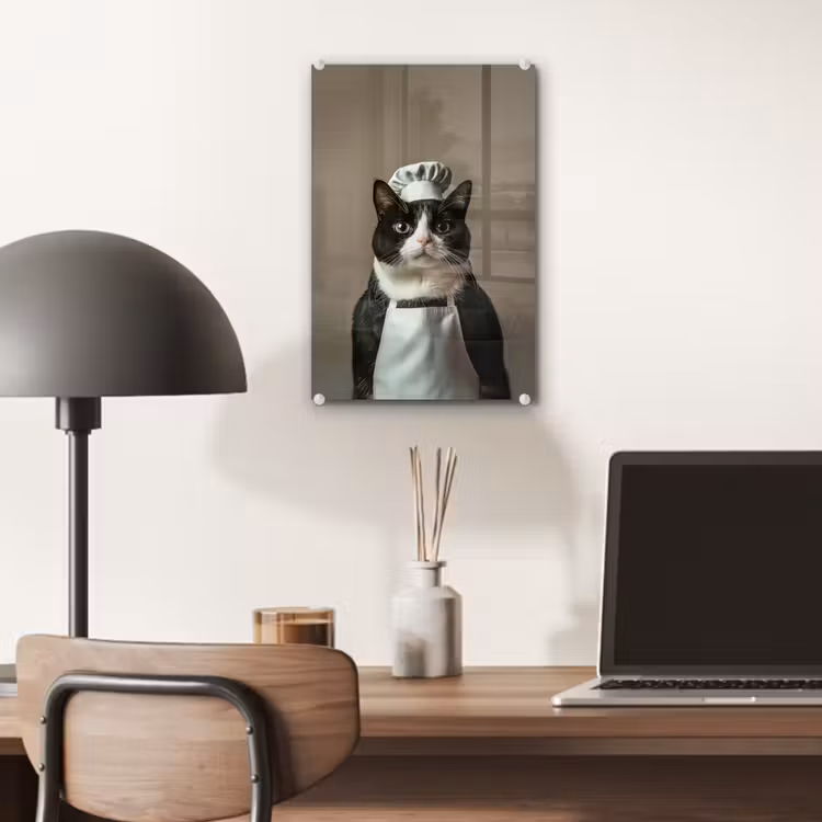 Glas schilderij - Kat - Kokskleding - Zwart - Wit — 7