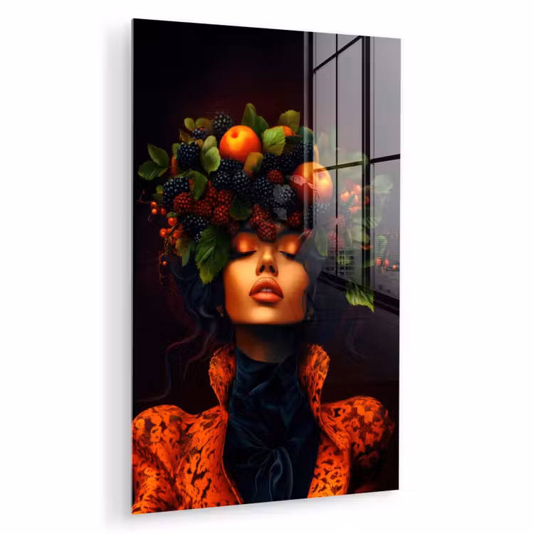 Glas schilderij - Vrouw - Zwart - Bessen - Bramen - Appels — 1