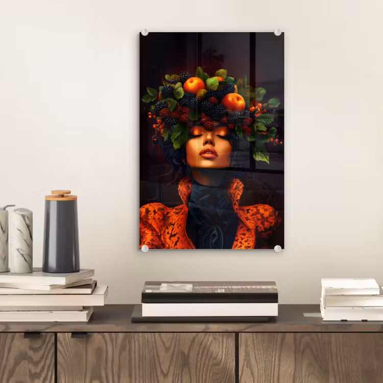 Glas schilderij - Vrouw - Zwart - Bessen - Bramen - Appels — 2