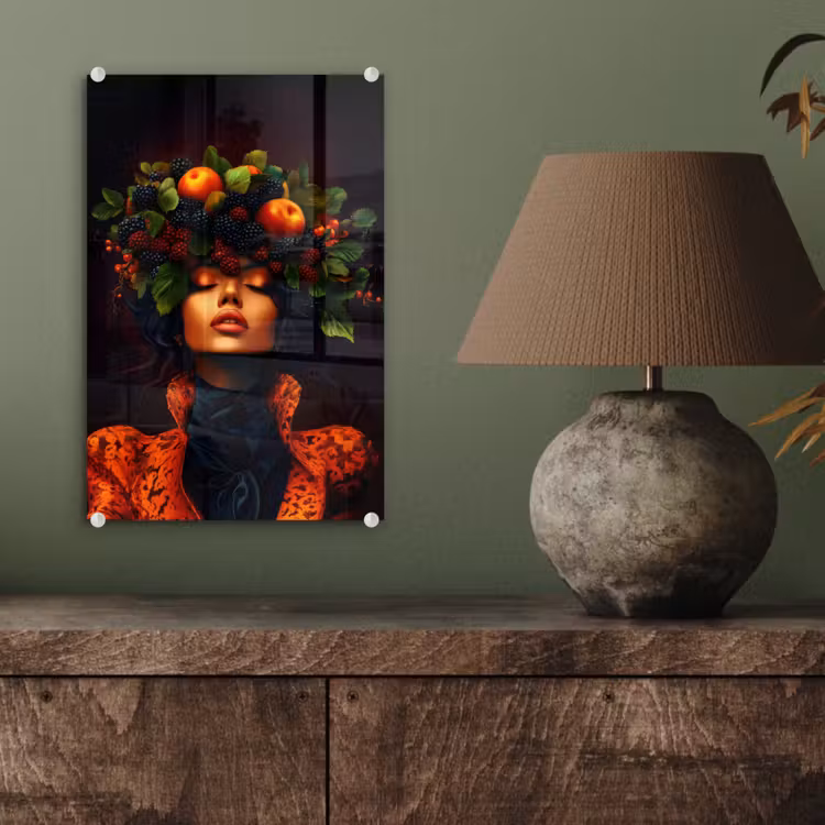 Glas schilderij - Vrouw - Zwart - Bessen - Bramen - Appels — 4