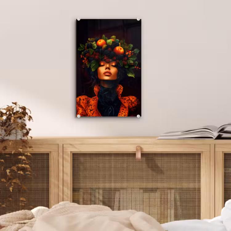 Glas schilderij - Vrouw - Zwart - Bessen - Bramen - Appels — 5