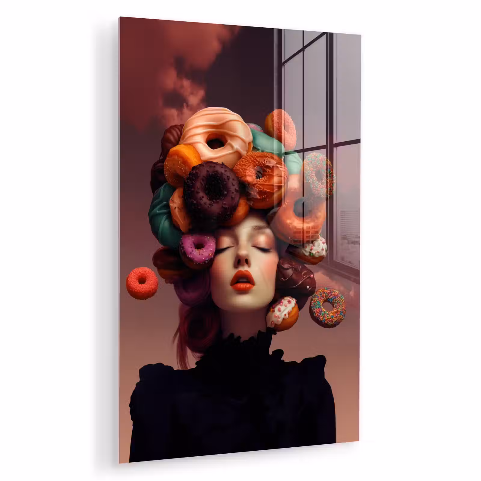 Glas schilderij - Vrouw - Donuts - Kleurrijk — 1