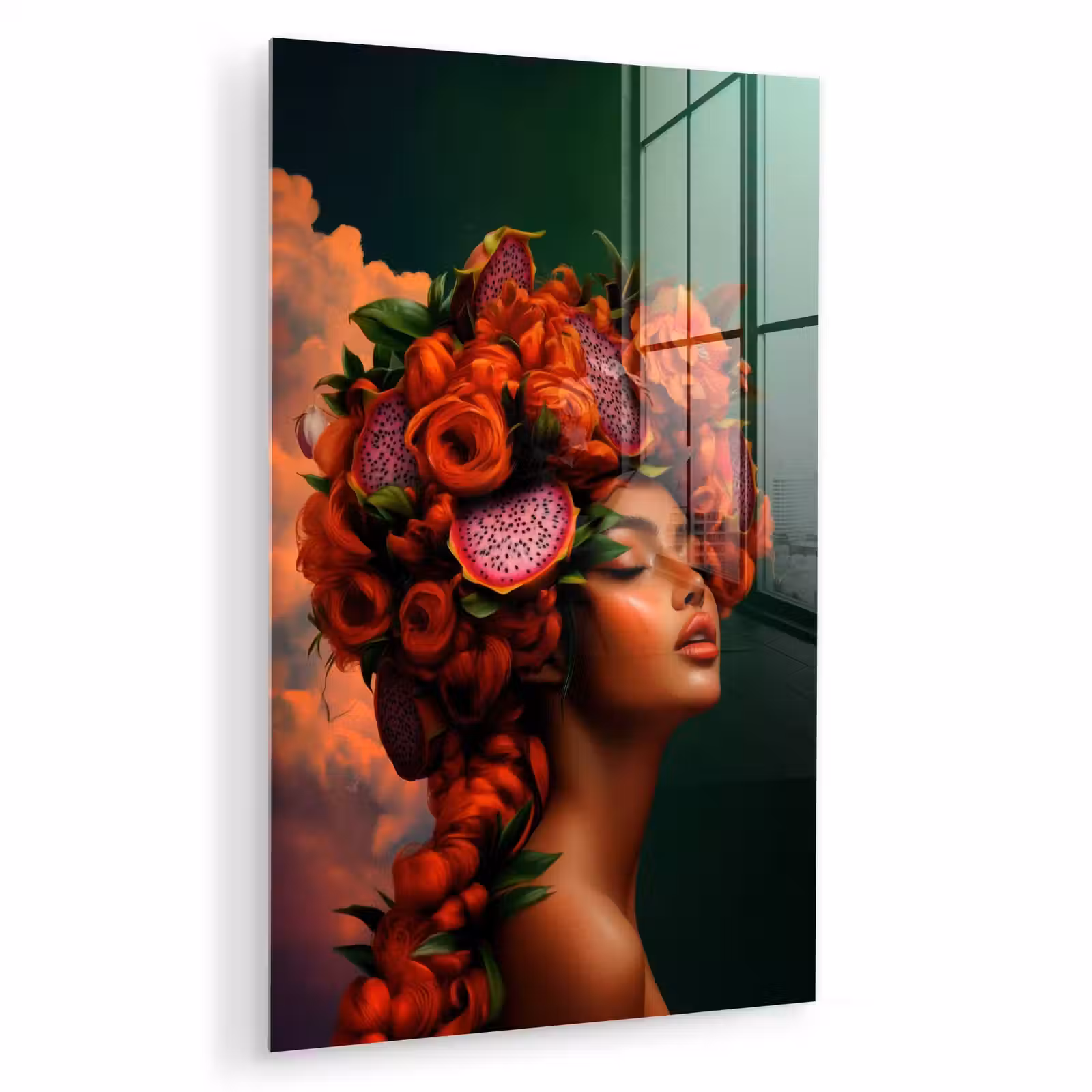 Glas schilderij - Vrouw - Drankenfruit - Rozen — 1
