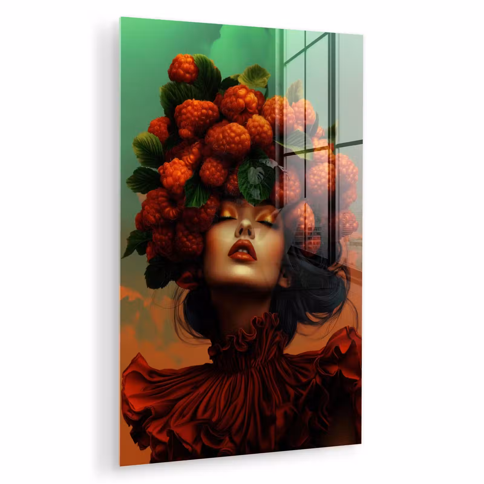 Glas schilderij - Vrouw - Frambozen - Bladeren — 1