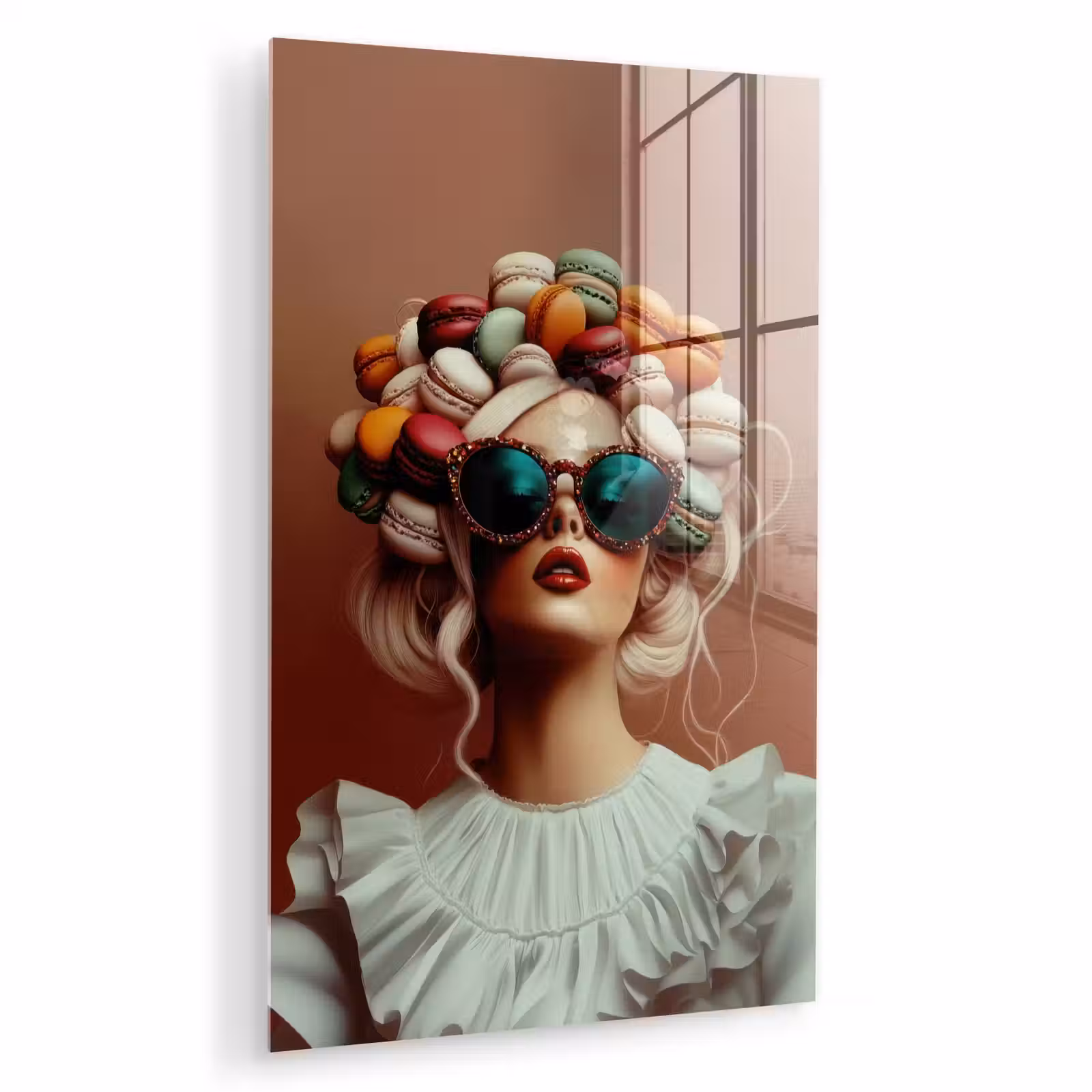 Glas schilderij - Vrouw - Macarons - Bril — 1