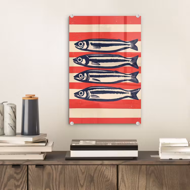 Glas schilderij - Sardines - Rood en beige strepen — 2
