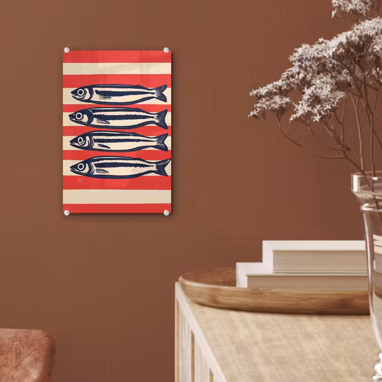 Glas schilderij - Sardines - Rood en beige strepen — 6