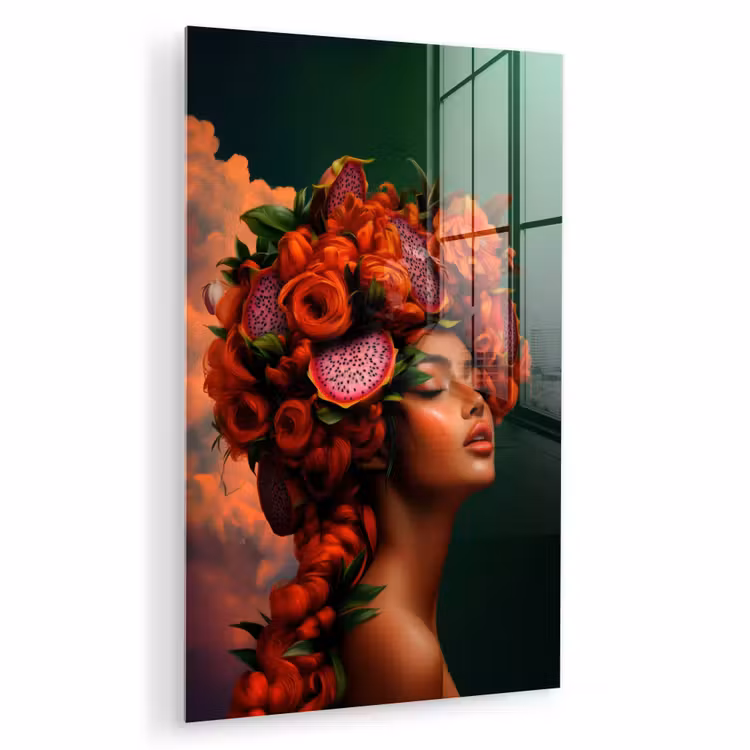 Glas schilderij - Vrouw - Drankenfruit - Rozen — 1