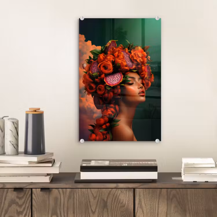 Glas schilderij - Vrouw - Drankenfruit - Rozen — 2