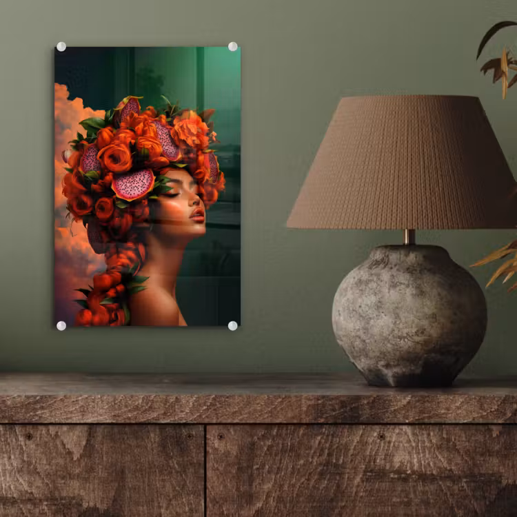 Glas schilderij - Vrouw - Drankenfruit - Rozen — 4