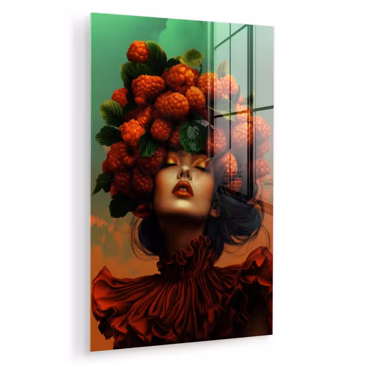 Glas schilderij - Vrouw - Frambozen - Bladeren — 1