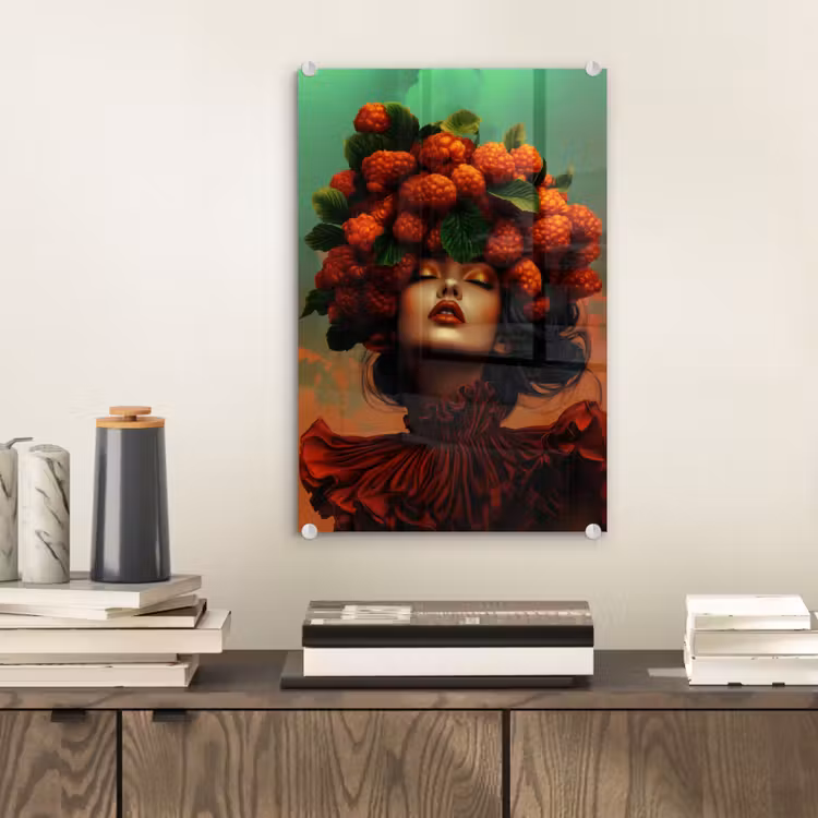 Glas schilderij - Vrouw - Frambozen - Bladeren — 2