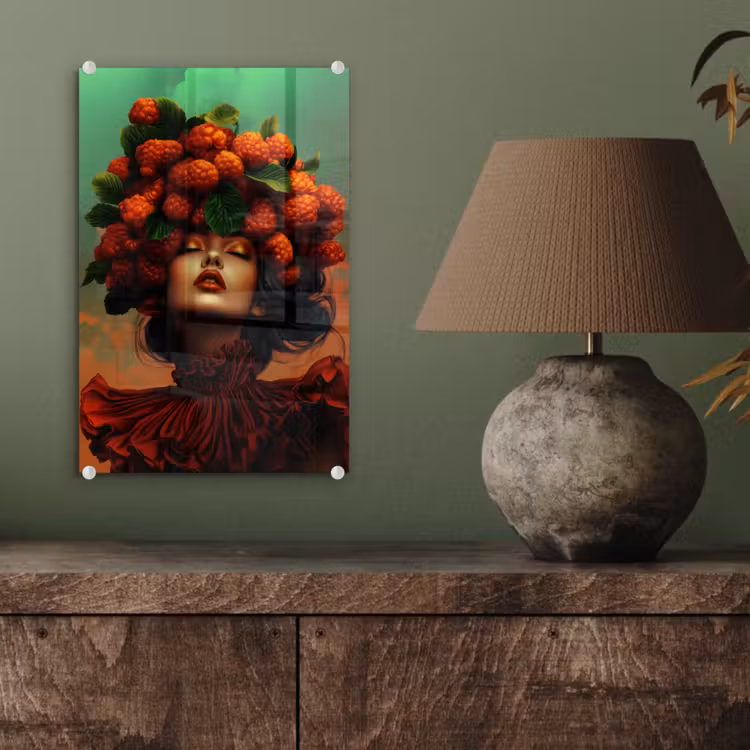 Glas schilderij - Vrouw - Frambozen - Bladeren — 4