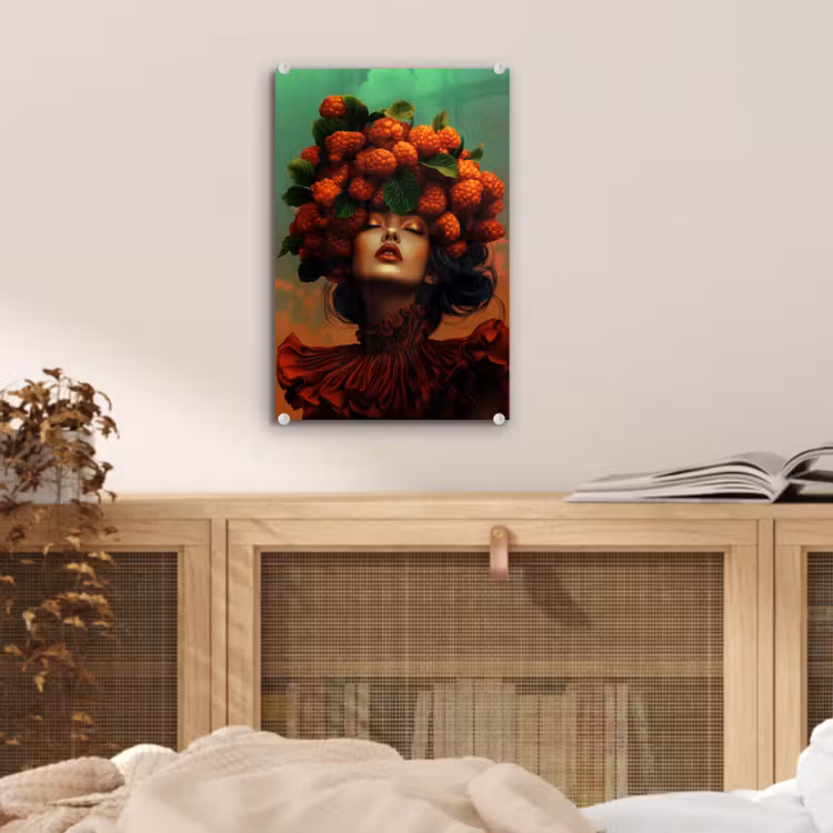 Glas schilderij - Vrouw - Frambozen - Bladeren — 5