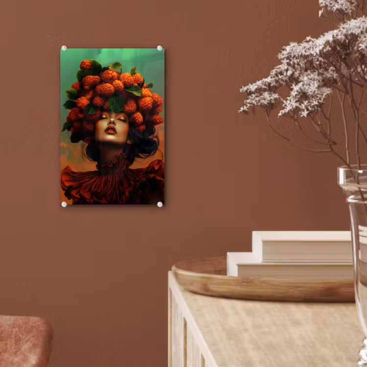 Glas schilderij - Vrouw - Frambozen - Bladeren — 6