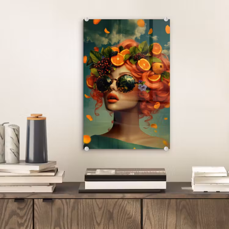 Glas schilderij - Vrouw - Sinaasappel - Bessen - Oranje — 2