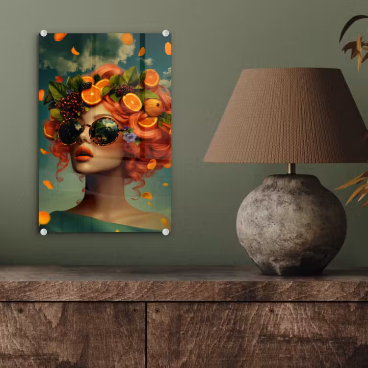 Glas schilderij - Vrouw - Sinaasappel - Bessen - Oranje — 4