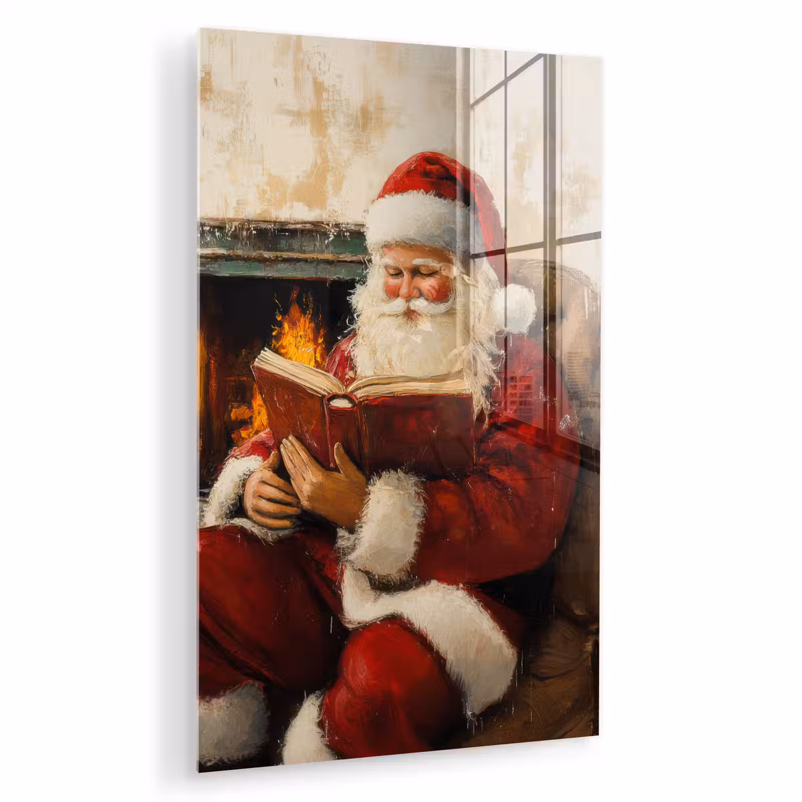 Glas schilderij - Kerst - Kerstman - Winter - Open Haard — 1