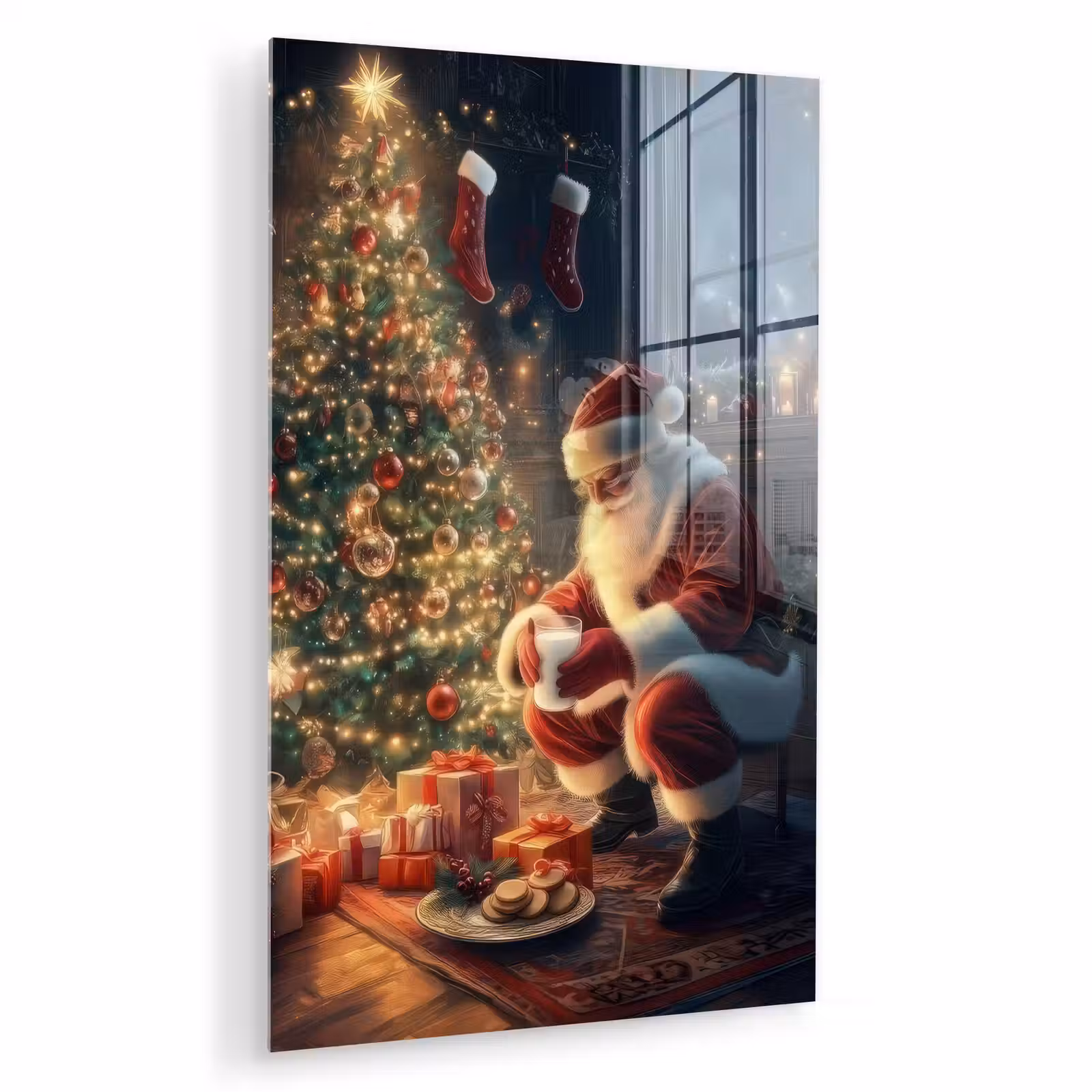 Glas schilderij - Kerstman - Haard - Donker — 1