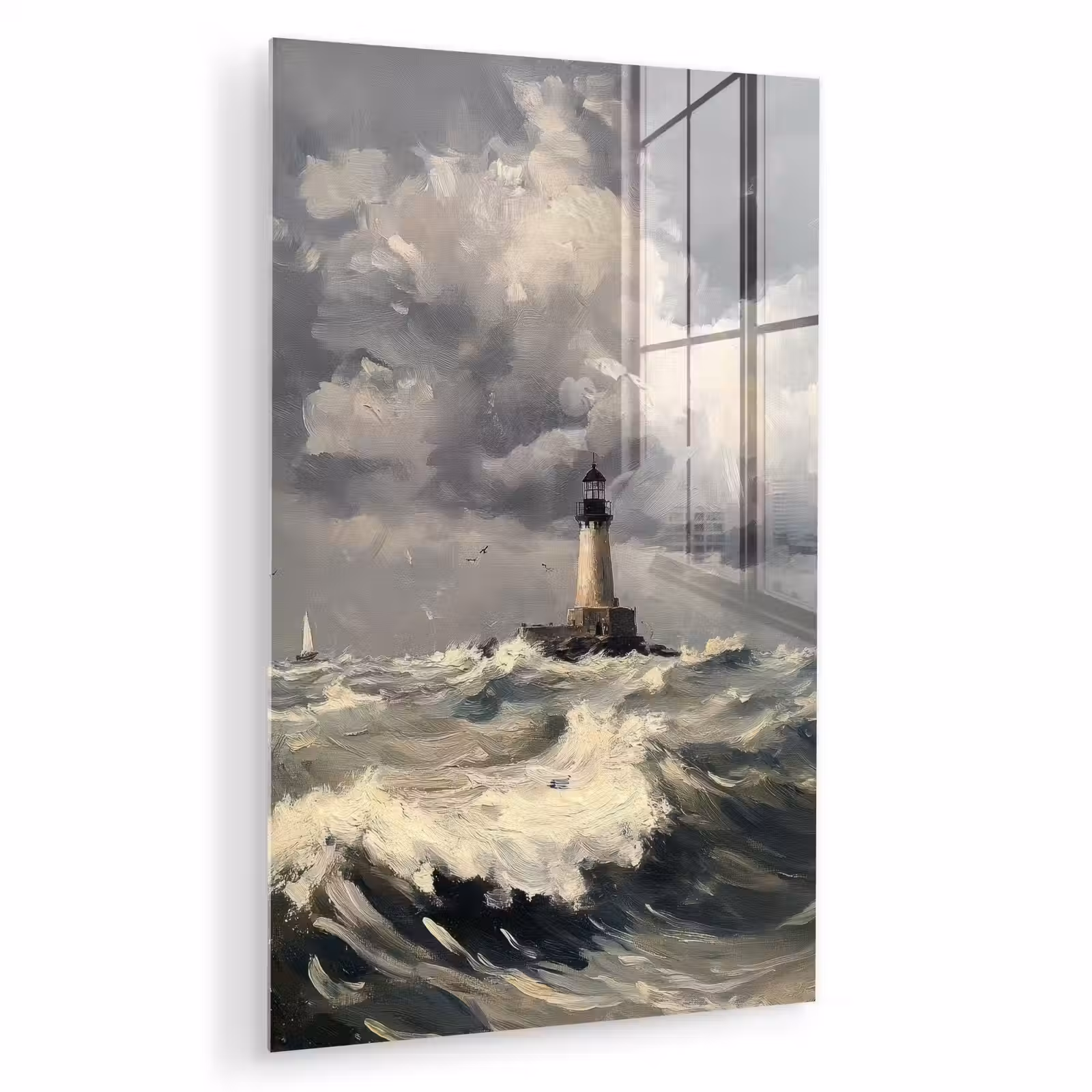 Glas schilderij - Vuurtoren - Golven - Storm — 1