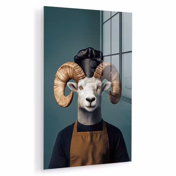 Glas schilderij - Geit - Hoorns - Kokskleding — 1