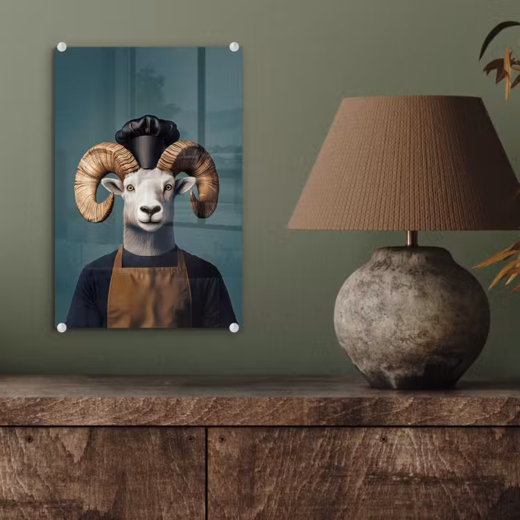 Glas schilderij - Geit - Hoorns - Kokskleding — 4