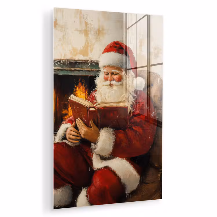 Glas schilderij - Kerst - Kerstman - Winter - Open Haard — 1
