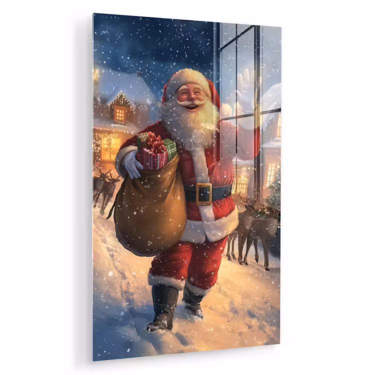 Glas schilderij - Kerstman - Dorp - Hert - Donker — 1