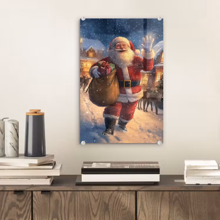 Glas schilderij - Kerstman - Dorp - Hert - Donker — 2