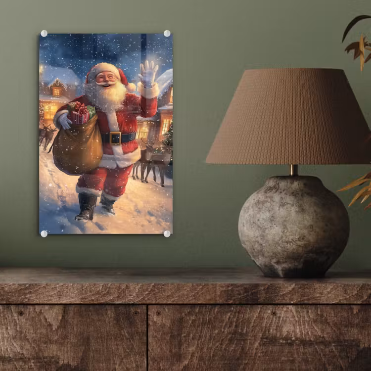 Glas schilderij - Kerstman - Dorp - Hert - Donker — 4