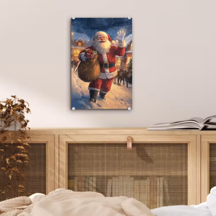 Glas schilderij - Kerstman - Dorp - Hert - Donker — 5