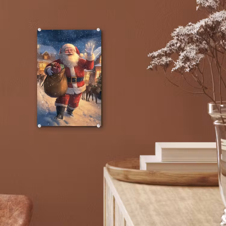 Glas schilderij - Kerstman - Dorp - Hert - Donker — 6