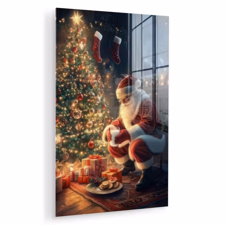 Glas schilderij - Kerstman - Haard - Donker — 1