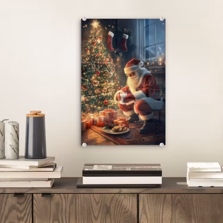 Glas schilderij - Kerstman - Haard - Donker — 2