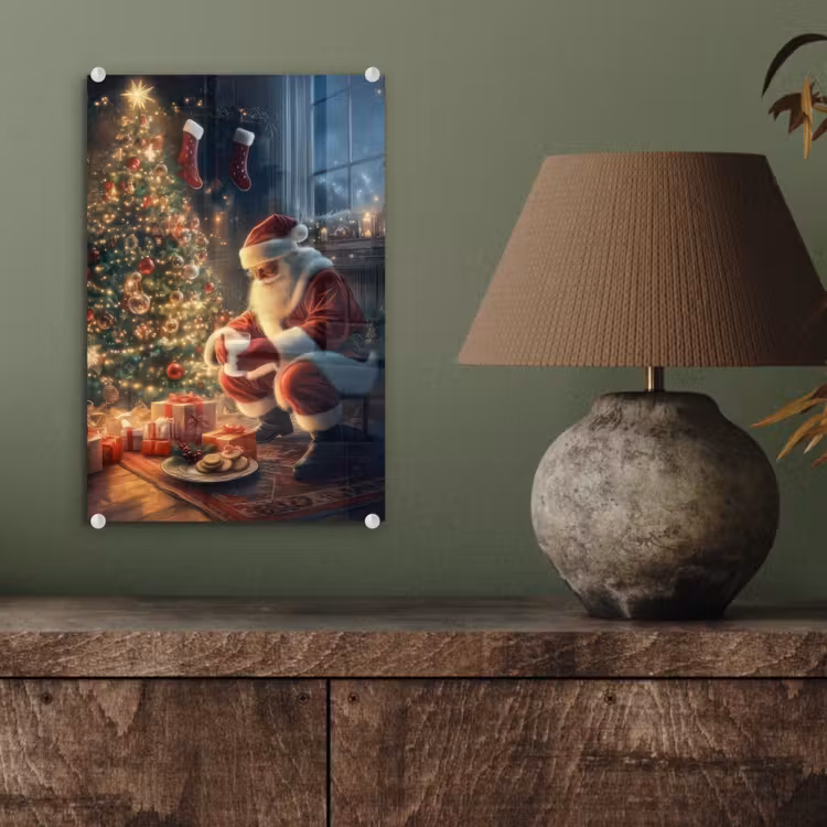 Glas schilderij - Kerstman - Haard - Donker — 4