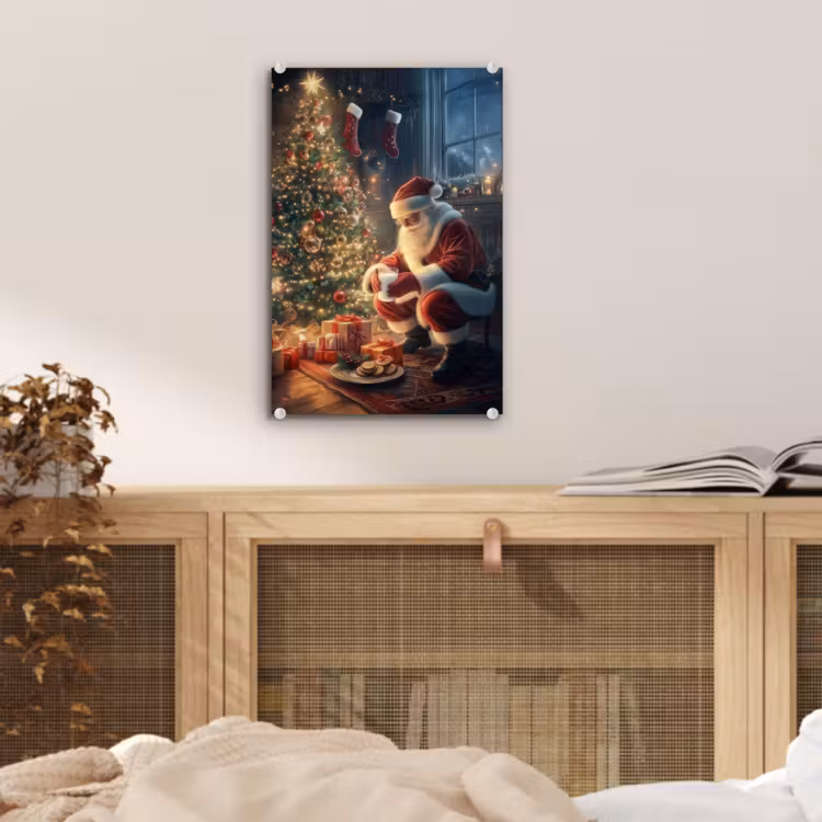 Glas schilderij - Kerstman - Haard - Donker — 5