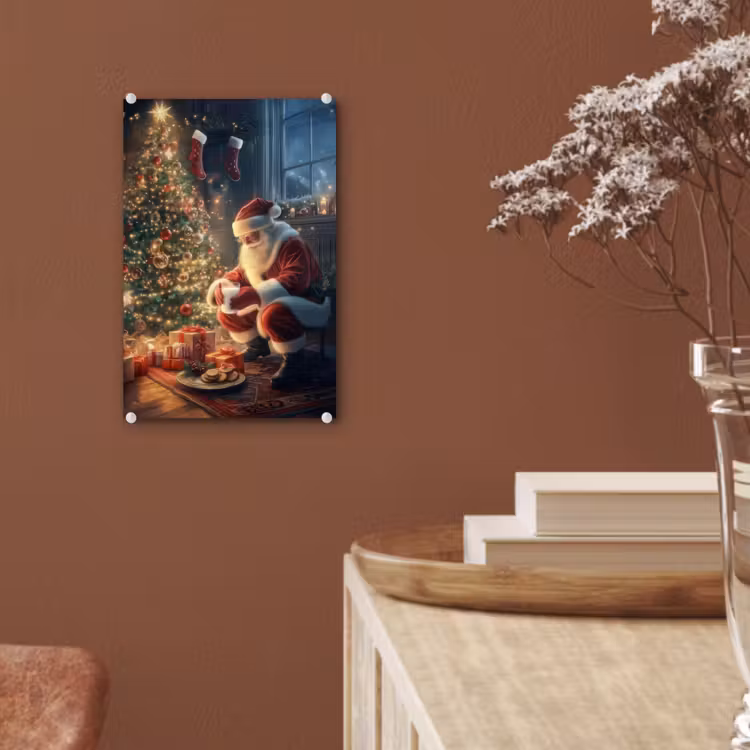 Glas schilderij - Kerstman - Haard - Donker — 6