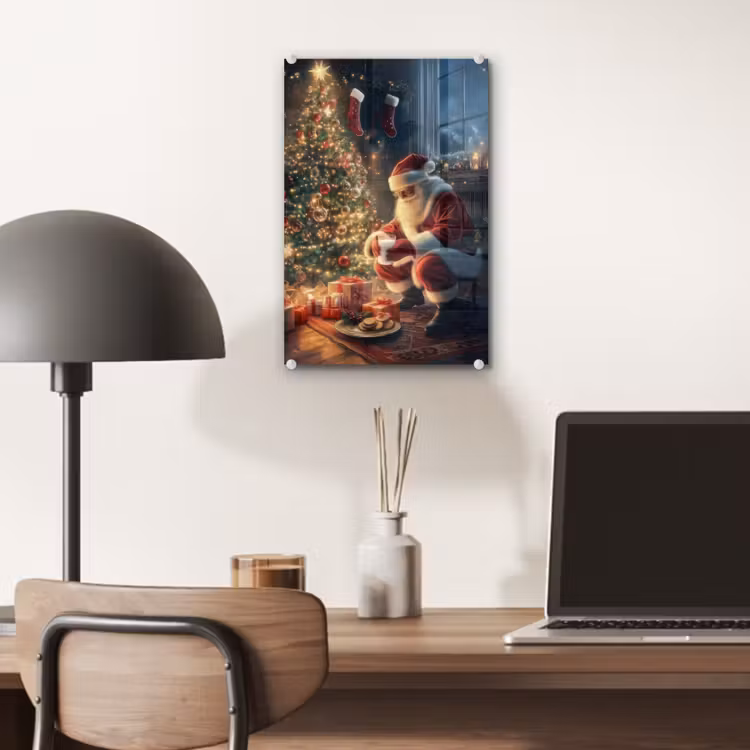 Glas schilderij - Kerstman - Haard - Donker — 7